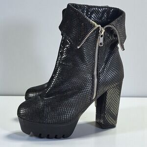Black Faux Snakeskin Platform Chunky Heel Zipper Ankle Boots Women's Size 8M